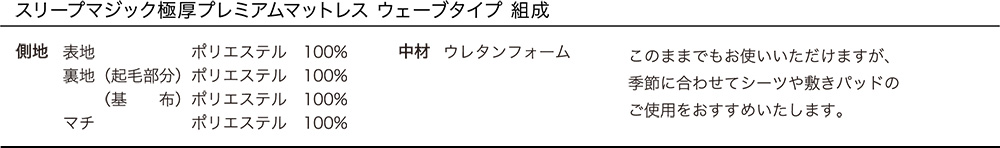スリープマジック極厚プレミアムマットレス 組成 表地 裏地（起毛部分）（基布） ポリエステル 100% 中材 ウレタンフォーム このままでもお使いいただけますが、季節に合わせてシーツや敷きパッドのご使用をおすすめいたします。