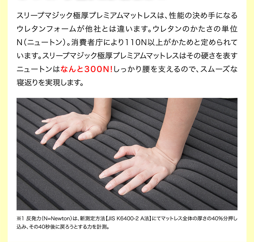 スリープマジック極厚プレミアムマットレスは、性能の決め手になるウレタンフォームが他社とは違います。ウレタンのかたさの単位N（ニュートン）。消費者庁により110N以上がかためと定められています。スリープマジック極厚プレミアムマットレスはその硬さを表すニュートンはなんと300N!しっかり腰を支えるので、スムーズな寝返りを実現します。※1 反発力（N=Newton）は、新測定方法【JIS K6400-2 A法】にてマットレス全体の厚さの40％分押し込み、その40秒後に戻ろうとする力を計測。