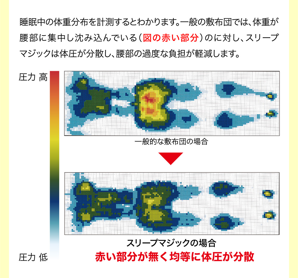 睡眠中の体重分布を計測するとわかります。一般の敷布団では、体重が腰部に集中し沈み込んでいる（図の赤い部分）のに対し、スリープマジックは体圧が分散し、腰部の過度な負担が軽減します。