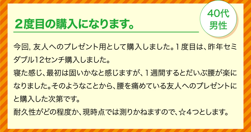 2度目の購入になります。40代男性 今回，友人へのプレゼント用として購入しました。１度目は、昨年セミダブル12センチ購入しました。寝た感じ、最初は固いかなと感じますが、１週間するとだいぶ腰が楽になりました。そのようなことから、腰を痛めている友人へのプレゼントにと購入した次第です。耐久性がどの程度か、現時点では測りかねますので、☆４つとします。
