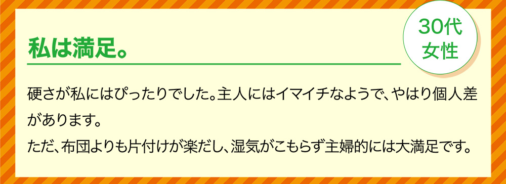 私は満足。30代女性 硬さが私にはぴったりでした。主人にはイマイチなようで、やはり個人差があります。ただ、布団よりも片付けが楽だし、湿気がこもらず主婦的には大満足です。