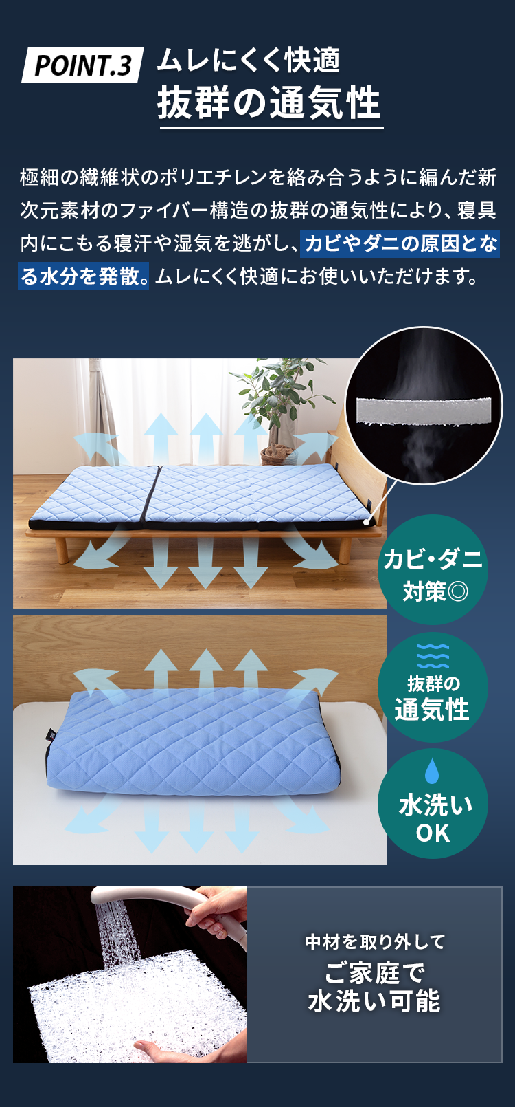 PONIT.3 ムレにくく快適 抜群の通気性
