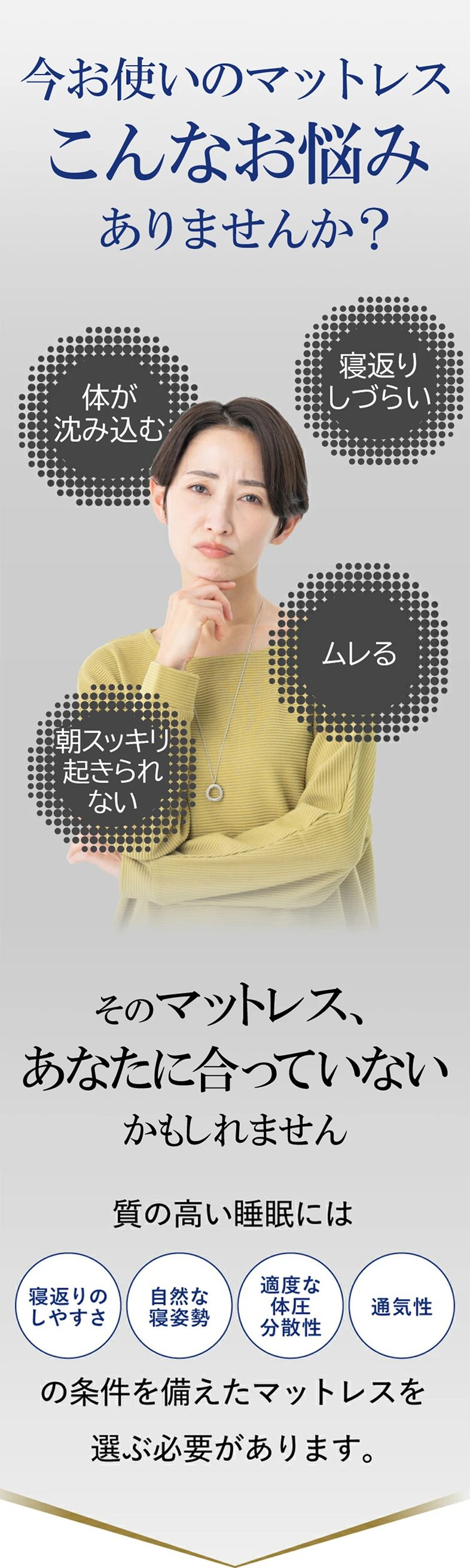 今お使いのマットレスこんなお悩みありませんか？ そのマットレス、あなたに合っていないかもしれません